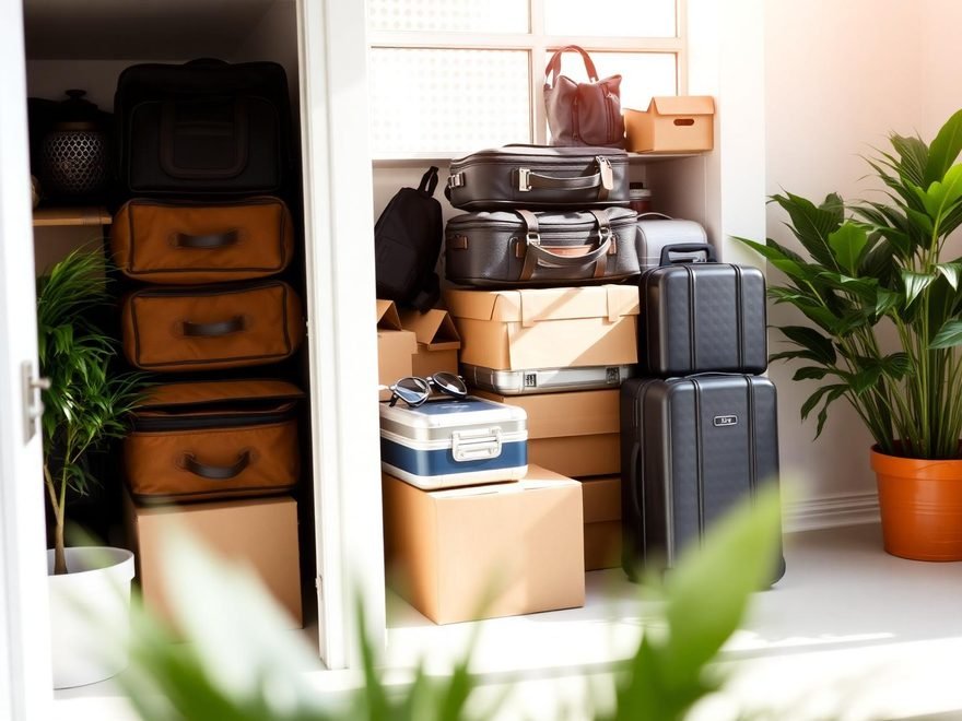 Suitcases, holdalls and boxes stacked neatly in a bright storage cupboard beside a window
